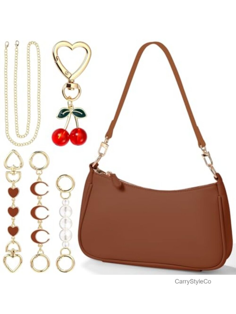 Women Shoulder Bag with 3 Extender Chains & Cherry Charm Leather Handbag